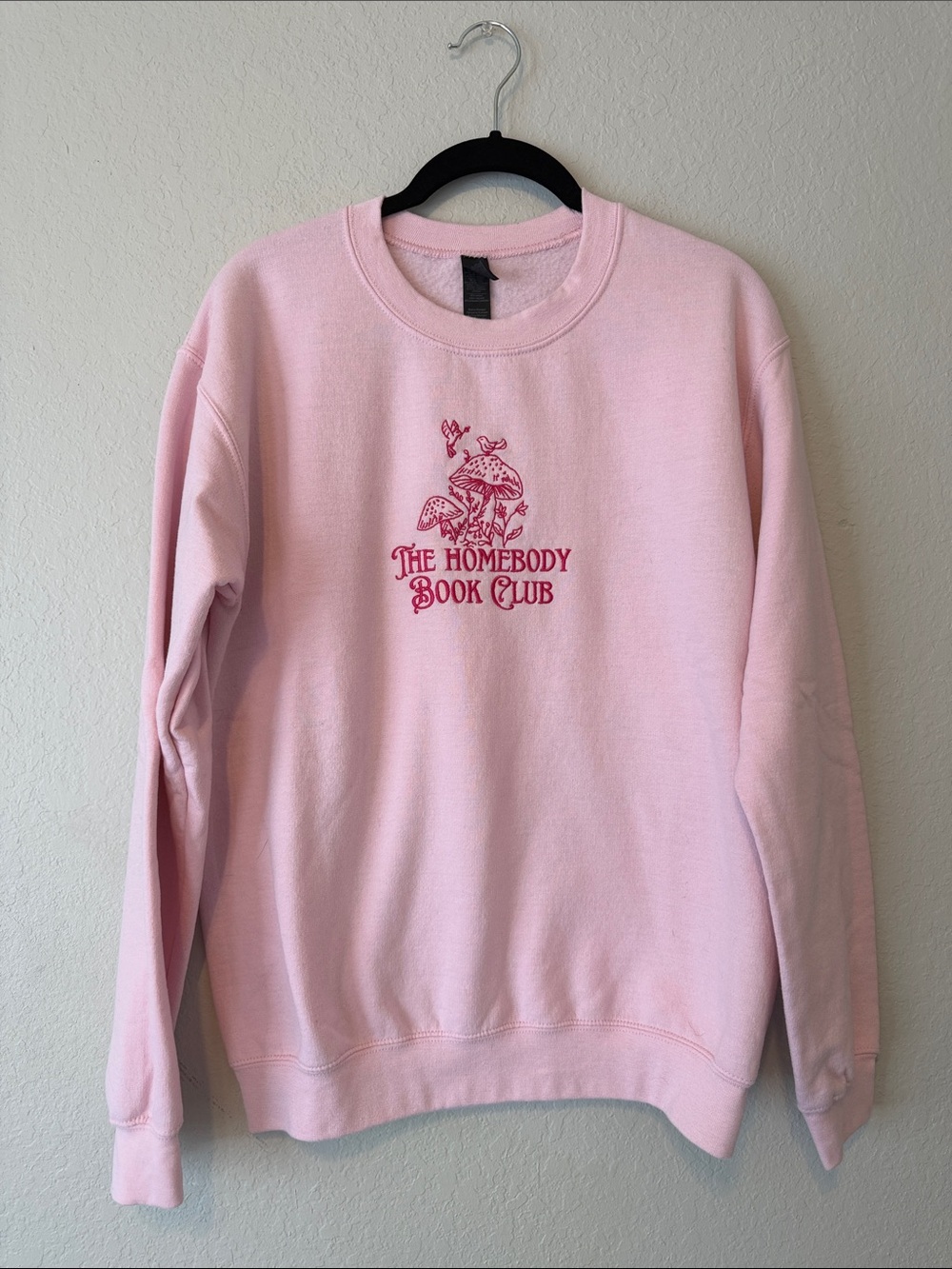 Gildan Pink Crewneck Sweatshirt with Burg Embroidered 'The Homebody Book Club'